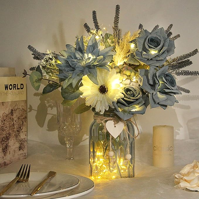 Artificial Flowers in Vase, Faux Flowers with Vase, Dusty Blue Rose Faux Dahlia Fake Peony Silk Hydrangea Eucalyptus Willow Plants Wildflowers Arrangements for Table Centerpiece Farmhouse Decor