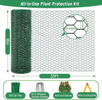 Convivium Plant Protectors from Animals, 0.8mm Free-Cut Green Chicken Wire Mesh, PVC Coated Tree Trunk Guard & Garden Fence for Outdoor Plants with Zip Ties, Stakes, Pliers, Gloves（33Ft*16In）