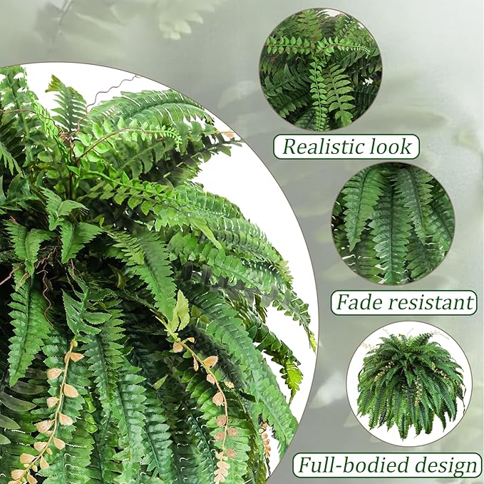 2pcs 48in 88 Blades Artificial Boston Ferns for Outdoors Large, UV Resistant Faux Outdoor Plants,Weatherproof Fake Ferns Plants Outdoor Indoor for Garden Porch Patio Home Decor