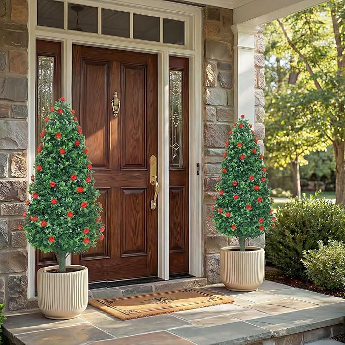 PATIO CHOICE 3ft Artificial Topiary Trees with Rose Set of 2 Outdoor Faux Plants Realistic Faux Bushes and Shrubs Decorations for Outdoor Front Porch Garden (Rose, 36in)