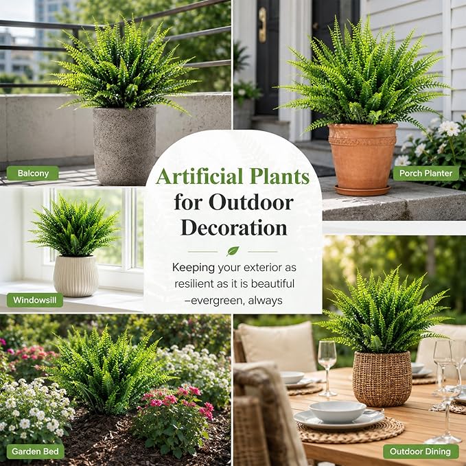 MAQIHAN 10 Pcs Fake Fern - Artificial Ferns for Outdoors - Faux Ferns for Outdoor Planter Large Outdoor Patio Decor Boston Fern Artificial Plants Faux Greenery Porch Decor