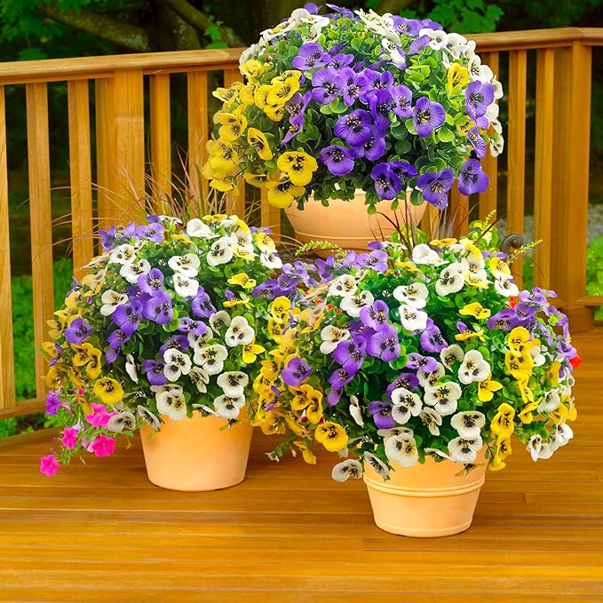 Artificial Flowers for Outdoors Fake Plants Spring Decor, 14 pcs Realistic Fake Pansies Silk Flowers UV Resistant, Lifelike Faux Outdoor Flowers for Porch Garden Patio Window Box Decor