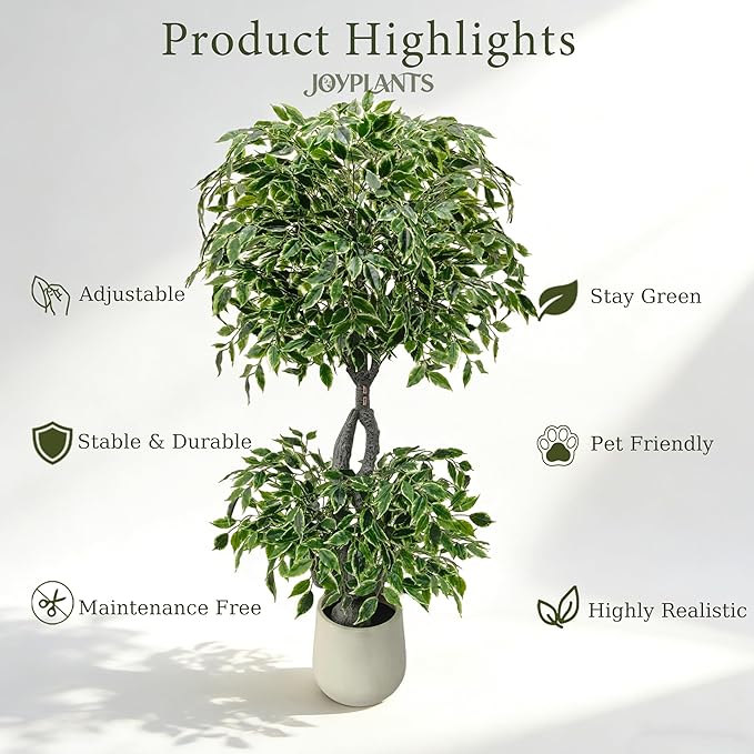 5FT Artificial Ficus Tree Indoor Outdoor, Fake Plants Indoor with White Pot, Realistic White-Edged Leaves Potted Tree for Home Office Decor