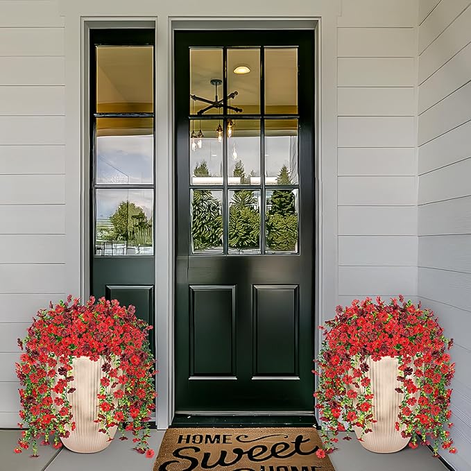 Artificial Fake Hanging Plants Flowers for Spring Outdoor Outside Decor, Faux Mums Silk Realistic Flower, 2 Pcs UV Resistant Look Real Plastic Decorations for Porch Home Patio Balcony Yard