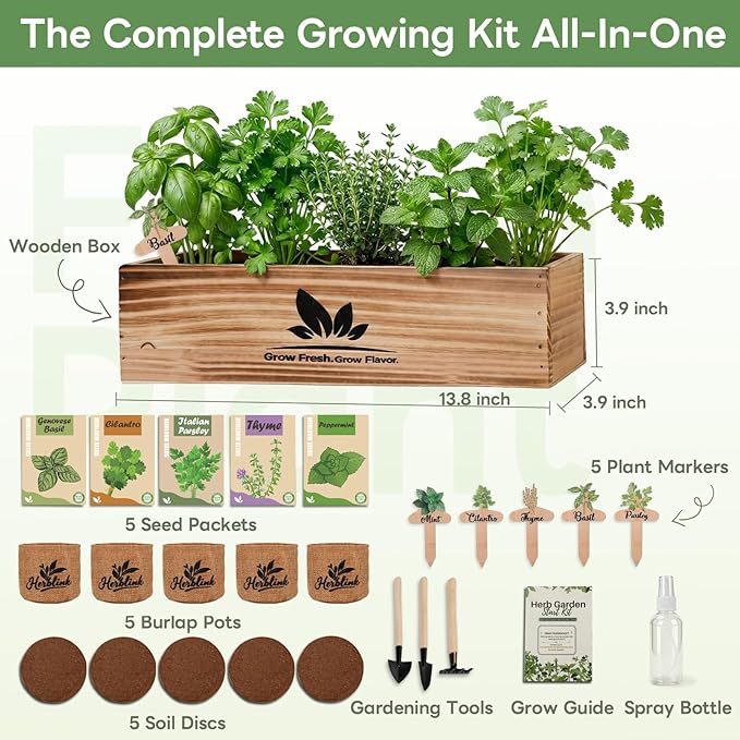 Indoor Herb Garden Starter Kit, Unique Gifts 5 Herb Garden Planter Indoor Kit with Wooden Box Including Basil, Cilantro, Thyme, Parsley, Mint, Fresh Herb Garden, Gardening Gifts for Women