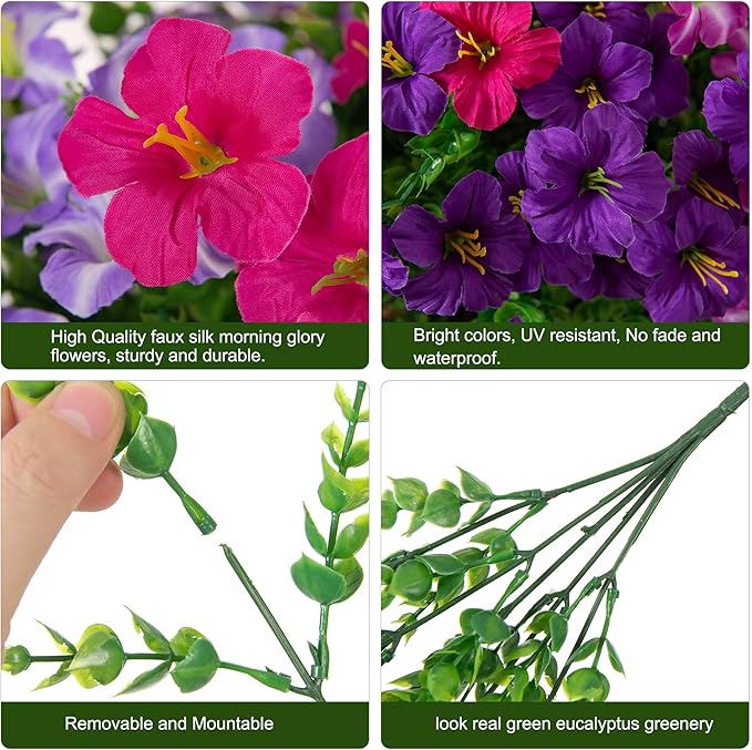 Artificial Flowers for Outdoors Fake Plants Outside Decoration, 20 Bundles Silk Petunia with Eucalyptus UV Resistant Realistic Faux Flowers for Outdoor Planters Garden Balcony Yard Porch Patio, Mix