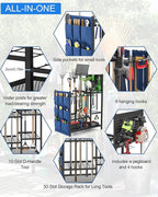 Garden Tool Organizer with Pegboard, Yard Tool Holder Standing for Garage Organization, Up to 30 Long-Handled/10 D-Handled Tools/Rake/Broom/Shovel/, with Side Storage Pocket