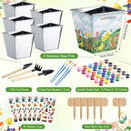 6 Sets Garden Flower Pots Crafts Kit DIY Spring Stainless Steel Pots with Acrylic Paint Stickers Brushes Plant Labels Gardening Tools Kit for Planting Crafts Spring Birthday Easter Gift