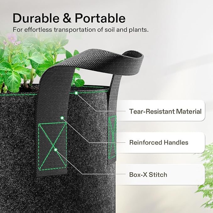 VIVOSUN 5-Pack 7 Gallon Plant Grow Bags, Heavy Duty Thickened Nonwoven Fabric Pots with Handles