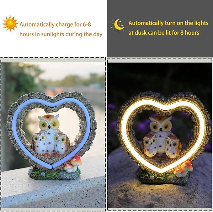 Solar Owl Garden Statue, Outdoor Waterproof Handmade Resin Statue Solar LED Lights, Warm Owl Family Decoration, Suitable for Roads, Yards, lawns