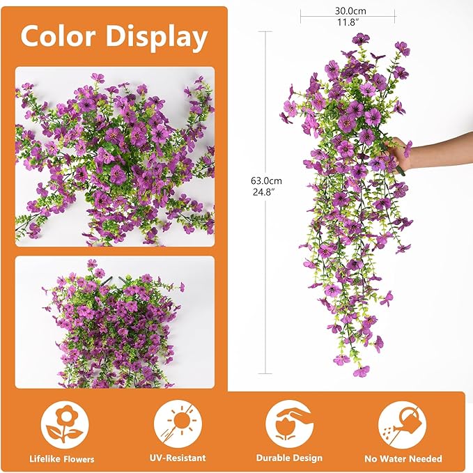 Artificial Hanging Flowers for Outdoors, 2 Pcs Fake Hanging Plants Spring Summer Decor, UV Resistant No Fade Faux Silk Daisy Flower for Planter Front Door Porch Patio Yard Garden(Purple)