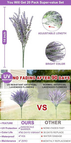 TURNMEON 20 Bundles Artificial Lavender Flowers for Outdoors Summer Decor,UV Resistant No Fade Fake Plants Plastic Faux Plants for Home Window Box Planter Porch Garden Home Cemetery Decor(Gray Purple)