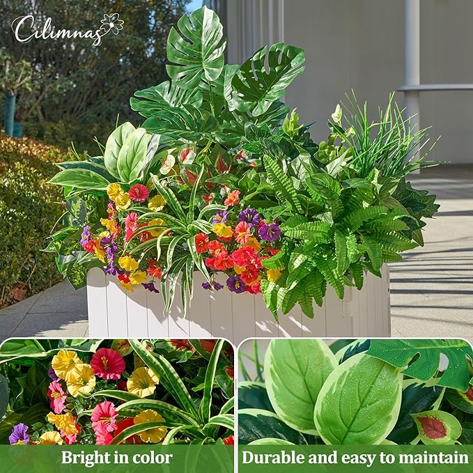 Artificial Plants Outdoor,18PCS UV Resistant Fake Greenery&Flowers with Stems Faux Plant Outside for Front Proch Garden Patio Planters Window Boxes Home Decor(Not Included Planter)