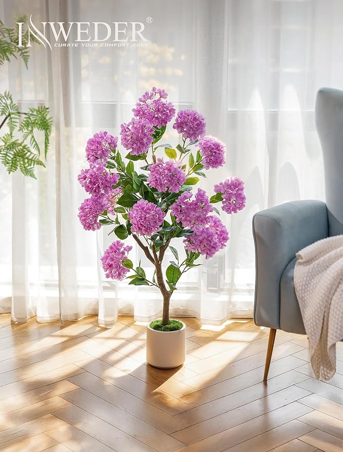 Artificial Flower Tree for Outdoor: 3.6ft Fake Crape Myrtle Tree Set of 2 for Front Porch Door Indoor Decor - Purple Realistic Silk Plant with Pot for Home Living Room Patio Decorations