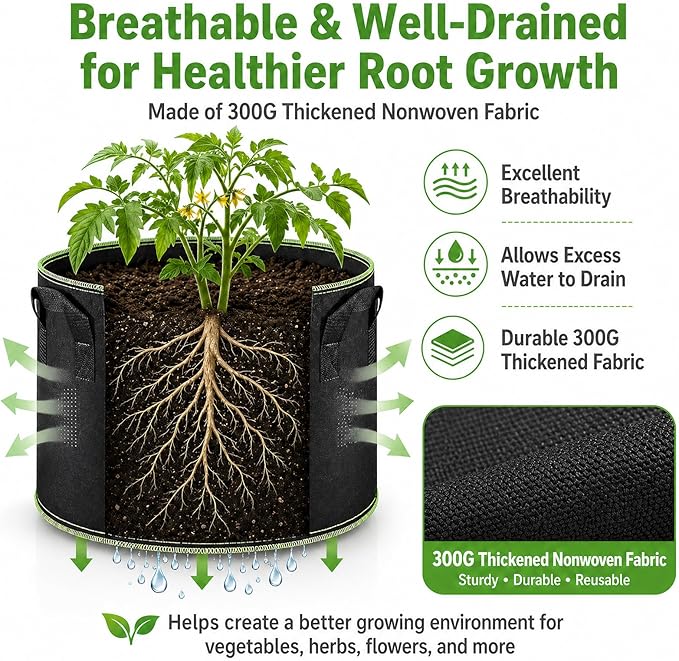 Delxo 10-Pack 3 Gallon Grow Bags Heavy Duty Aeration Fabric Pots Thickened Nonwoven Fabric Pots Plant Grow Bags with Handles