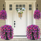 Artificial Fake Hanging Flowers Plants for Outdoor Outside Spring Summer Decoration 4PCS Faux Silk UV Resistant Realistic Morning Glory Trailing Vines for Home Porch Patio Balcony(Purple & Magenta)