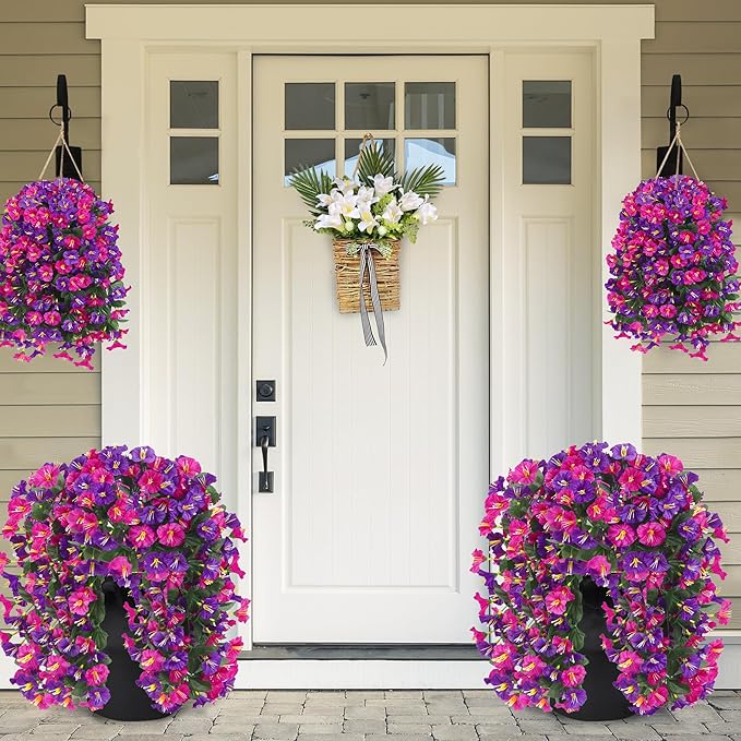 Artificial Fake Hanging Flowers Plants for Outdoor Outside Spring Summer Decoration 2PCS Faux Silk UV Resistant Realistic Morning Glory Trailing Vines for Home Porch Patio Balcony(Purple & Magenta)