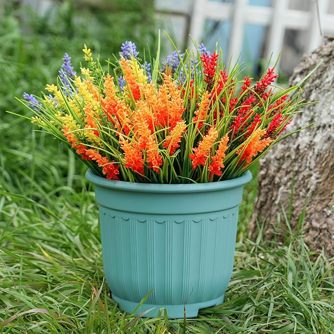 20 Bundles Artificial Plants Outdoor, UV Resistant Fake Flowers, Realistic Faux Lavender Shrubs for Porch Garden Window Box Home Decoration (Yellow Lightpurple Red Orange)