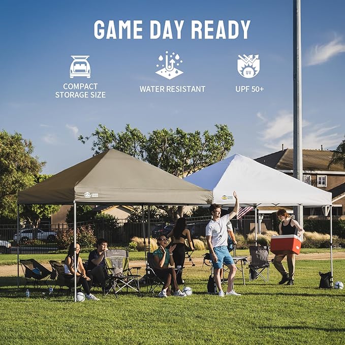 CROWN SHADES 8x8 Pop Up Canopy - Beach Tent with One Push Setup - Easy Outdoor Sun Shade for Events, Parties, Camping - Gazebo with STO-N-Go Cover Bag, Silver Coated Top, Beige
