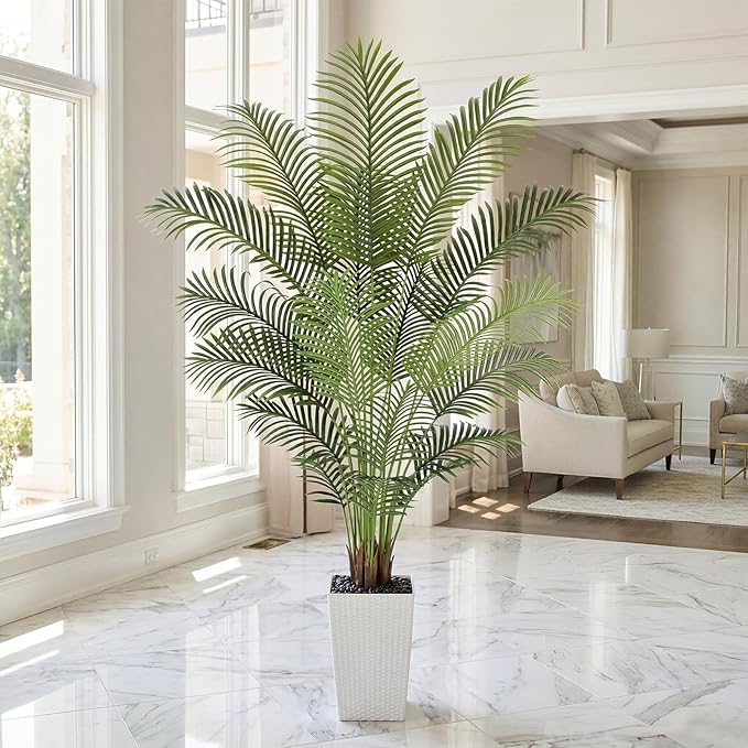 7ft Artificial Palm Tree with White Planter - Tall Fake Palm Tree Indoor Fake Tropical Plant for Home Office Living Room Bedroom Modern Decor