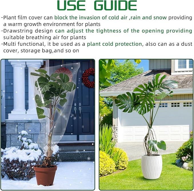 4 Pcs Winter Plant Film Cover with Drawstring-23.6’’x 31.5’’ Clear Plastic Plant Cover Bags Transparent Waterproof Plant Shelter Bag Greenhouse Cover Bag for Outdoor Garden Plants Shrubs Sapling Crops