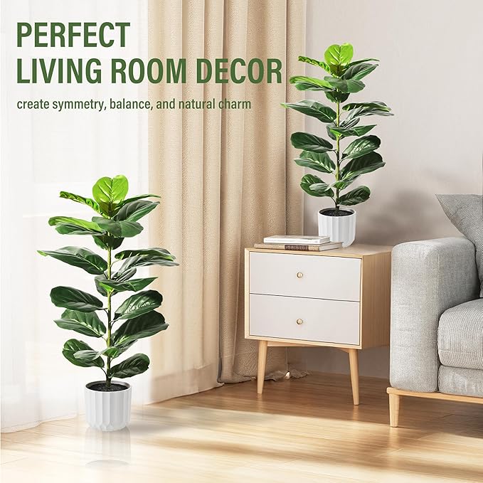 Suntee 2 Pack Artificial Fiddle Leaf Fig Tree, 30" Ficus Lyrata Fake Plants with White Planter, Floor Plant Outdoor Faux Plants for Living Room, Corner, Office, Patio, Windowsill Decor