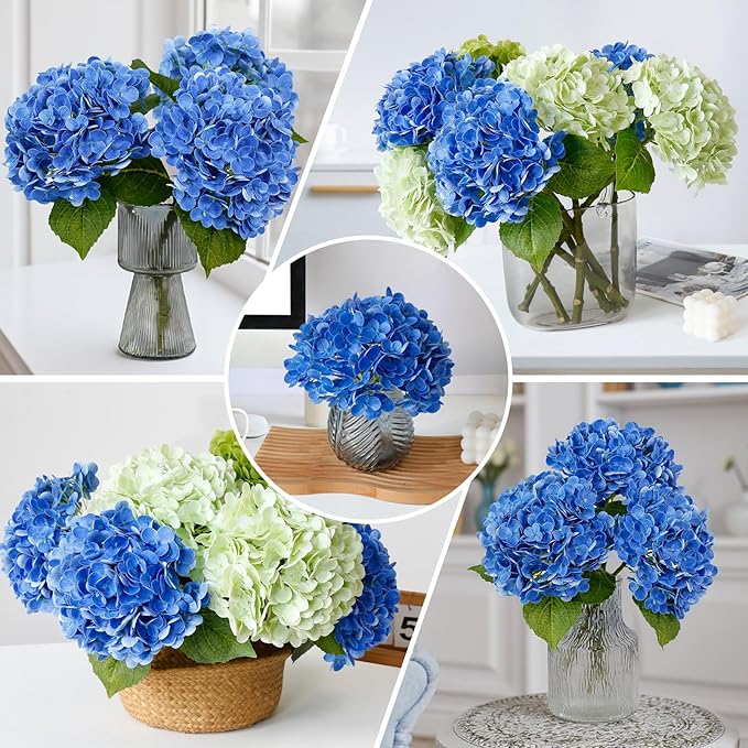 Leftover 3 Pcs Dark Blue Hydrangea Artificial Flowers,21" Real Touch Faux Hydrangea Flowers and 3 PCS Butterflies for Hydrangea Decor,Floral Arrangements for Centerpiece Table Decorations,Home Decor