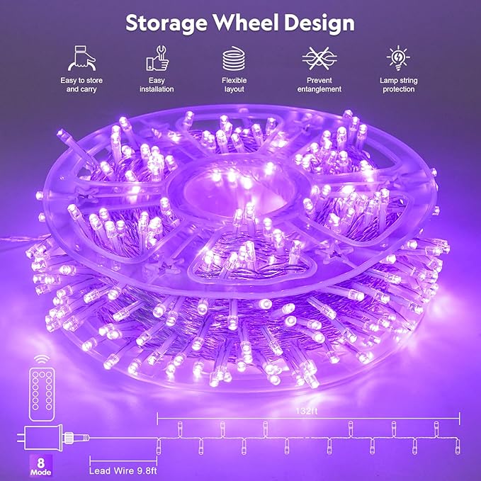 JMEXSUSS 400 LED Purple Christmas Lights Indoor Outdoor, 132 ft String Lights Plug in with Remote, 8 Modes Purple Christmas Tree Lights for Garden Patio Party Christmas Decoration (Pack of 2)