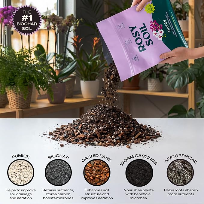 Rosy Soil Orchid Soil Potting Mix - Superior Aeration & Drainage for Orchids - Peat-Free, Microbially Active Biochar Powered Soil for Orchid Plants - Ideal for Indoor Gardening - 4 Quarts