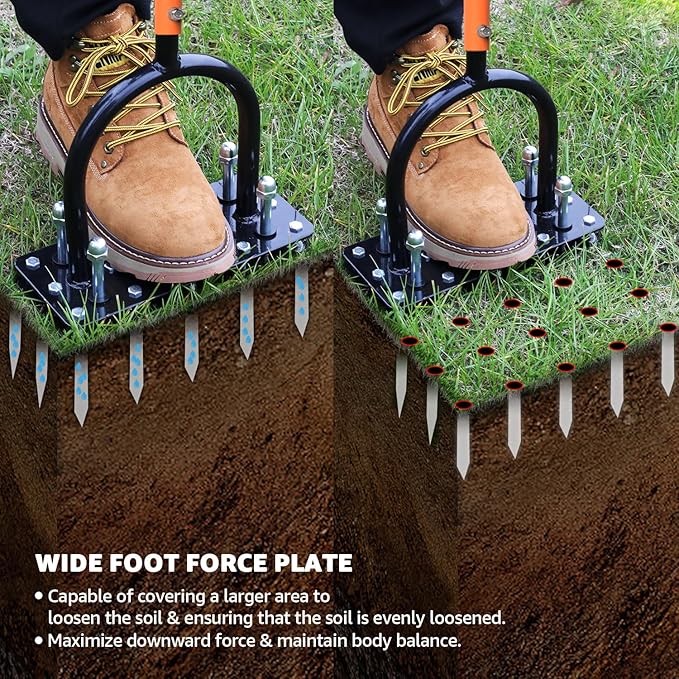 Lawn Aerator, Automatic Dirt and Leaf Clean Design, Heavy Duty Manual Lawn Aerator Tool with 15 Iron Spikes, Height Adjustable, Yard Grass Aerator for Lawn(Black with Orange)