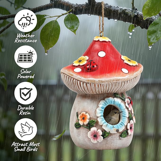 Garden Bird Houses for Outside with Solar Light, Bird Houses for Outside Hanging, Decorative Mushrooms Birdhouse for Bluebird Hummingbird Sparrow, Hummingbird Gifts for Women