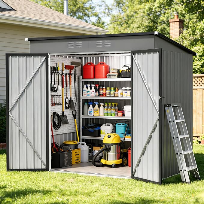 6 x 4 FT Storage Shed, Metal Sheds & Outdoor Storage with Sloping Roof and Lockable Door, Outdoor Shed for Backyard Garden Patio and Lawn,Grey