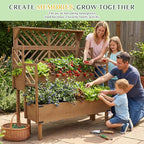 Raised Garden Bed Outdoor with Lattice Trellis, 47.2''H Wood Outdoor Flower Plant Stand with Two Planting Areas, Metal Reinforced, Liner, Elevated Garden Beds for Climbing Plants, Herb, Brown