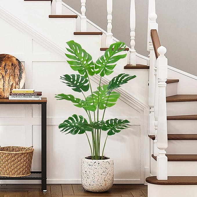 4FT Artificial Tree, Large Fake Monstera Deliciosa Plants with Real Touch Leaves,Faux Tropical Palm Trees for Home Room Decor Indoor Outdoor(1Pack)