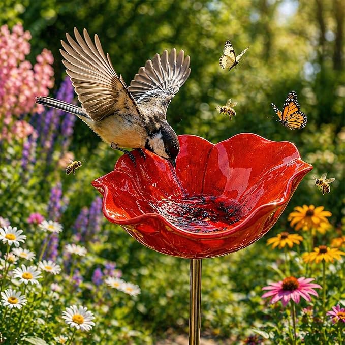 Metal Flower Garden Stakes Bird Bath, Handmade Metal Flower Garden Stake with Bee Bath, Bird Water Bowl Water Station for Outdoor Yard Lawn Patio Decor (Red)