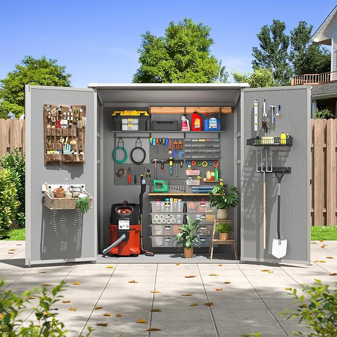 Aoxun 5x3 FT Outdoor Storage Shed, Plastic Resin Garden Shed with Floor for Patio, Lawn, Outdoor Storage Cabinet with Lockable Door for Bike, Tools, Garbage Can, Grey