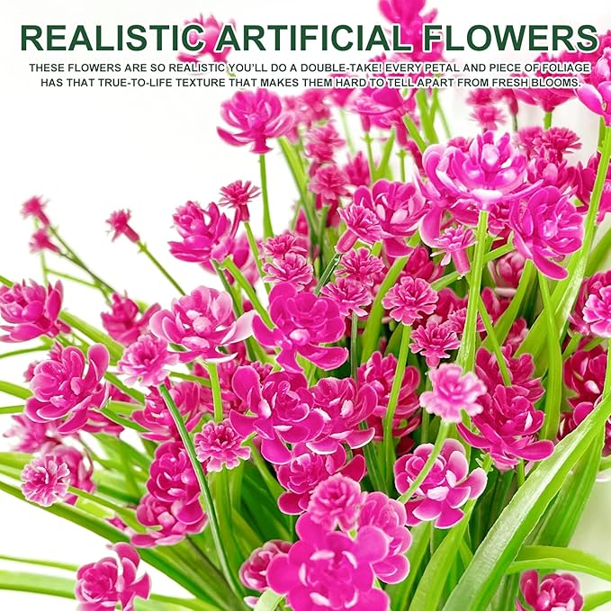 TURNMEON 20 Bundles Artificial Flowers for Outdoors, Spring Grass Camellia Fake Flowers Plastic Plants, UV Resistant No Fade Faux Greenery for Gardens Porch Yards Cemetery Summer Decor 500 Heads(Pink)
