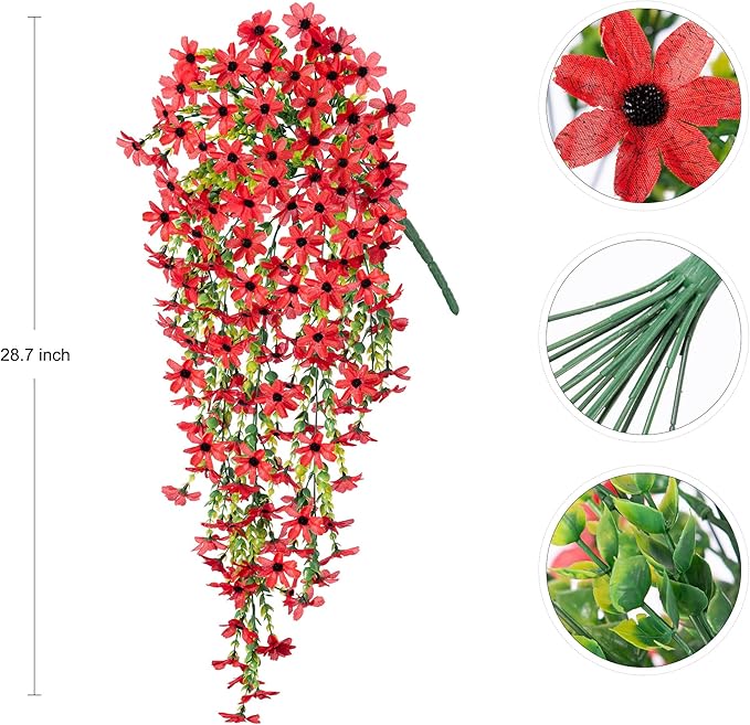 INXUGAO Fake Artificial Hanging Flowers for Outdoors Fake Plants Decoration, 2 Bundles Faux Silk Colorful Daisy Eucalyptus Realistic UV Resistant for Outside Home Planter Porch Patio Yard Decor(Red)