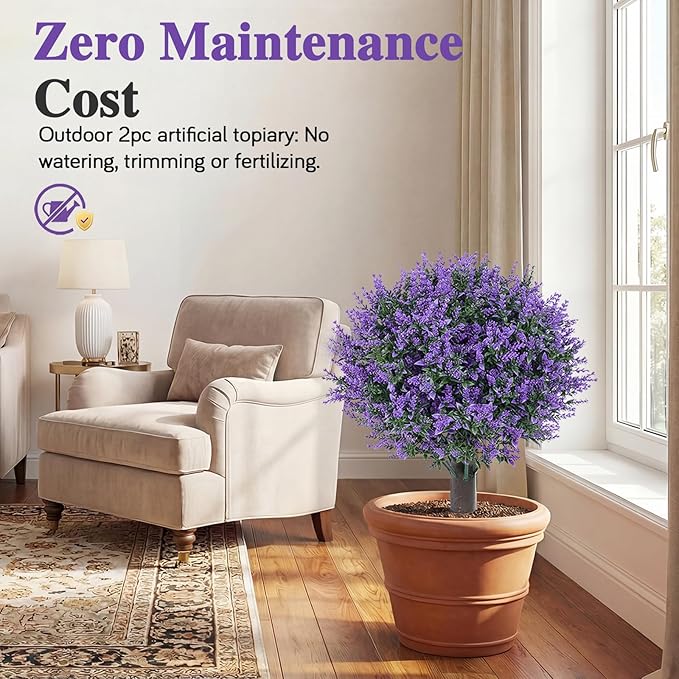 PATIO CHOICE Artificial Topiary Boxwood Ball Trees with Lavender Set of 2 22" Artificial Faux Plants Realistic Bushes Fake Shrubs Decorations for Outdoor Indoor Front Porch Garden