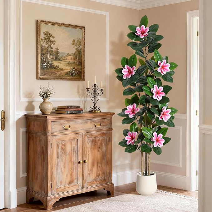 Fiddle Leaf Fig Tree 6FT Tall Artificial Plant, Large Fake Tree in White Planter, Faux Rubber Tree Fake Floor Plant with Magnolia Flowers - Artificial Tree for Home Office Living Room Decor, Pink
