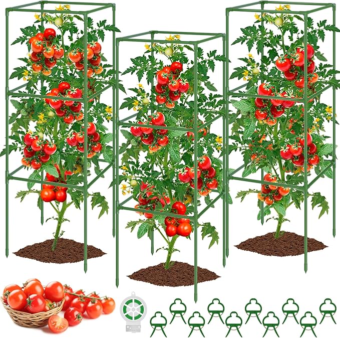 WLLEYAY 3 Pack Tomato Cages, Square Tomato Plant Stakes Support Cages Trellis, 50 * 17 * 17in Heavy Duty Steel Plant Tower Stakes Cucumber Trellis for Garden Climbing Vegetables Flowers Fruits, Bold