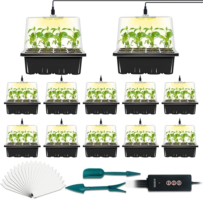 12-Set Seed Starter Tray with Grow Light, Seed Starting Trays Kits with Timing Controller Adjustable Humidity Domes Heightened Lids(12-Cells Per Tray)