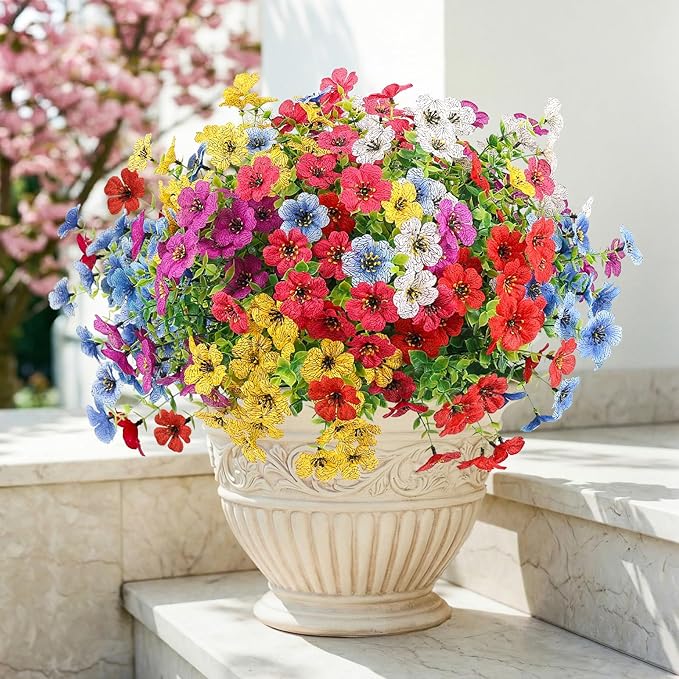 ATTGREAT Artificial Flowers Outdoors Spring Faux Flowers UV Resistant Fake Flowers Daisy Plastic Greenery Plnats Outside Bulk for Garden Hanging Planter Patio Porch Home Decor, 12 Bundles (Multicolor)