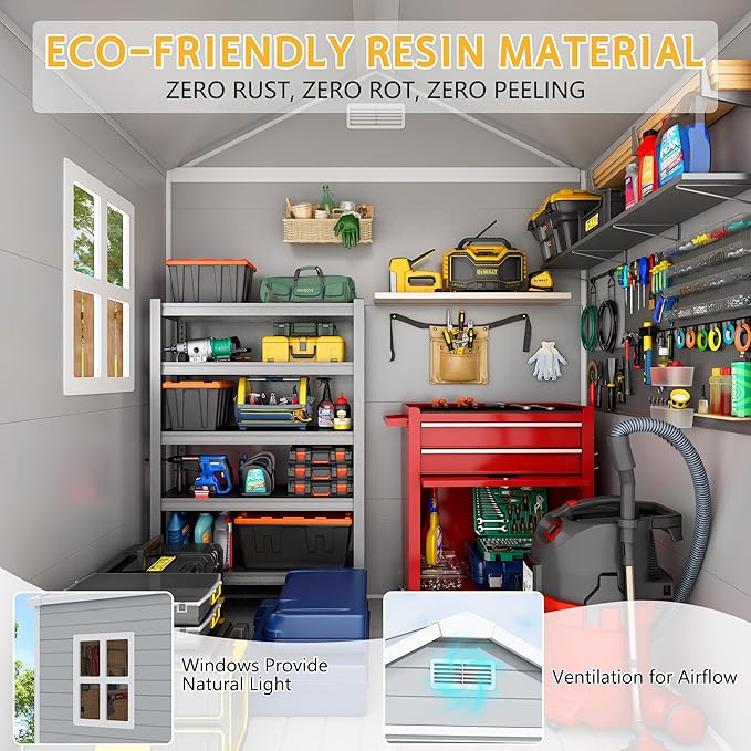 PIPLEO 6x4 FT Resin Outdoor Storage Shed with Floor, Plastic Garden Storage Shed with Lockable Door & Vent, All Weather Versatile Tool Shed for Backyard, Patio, Lawn, Cloud Gray