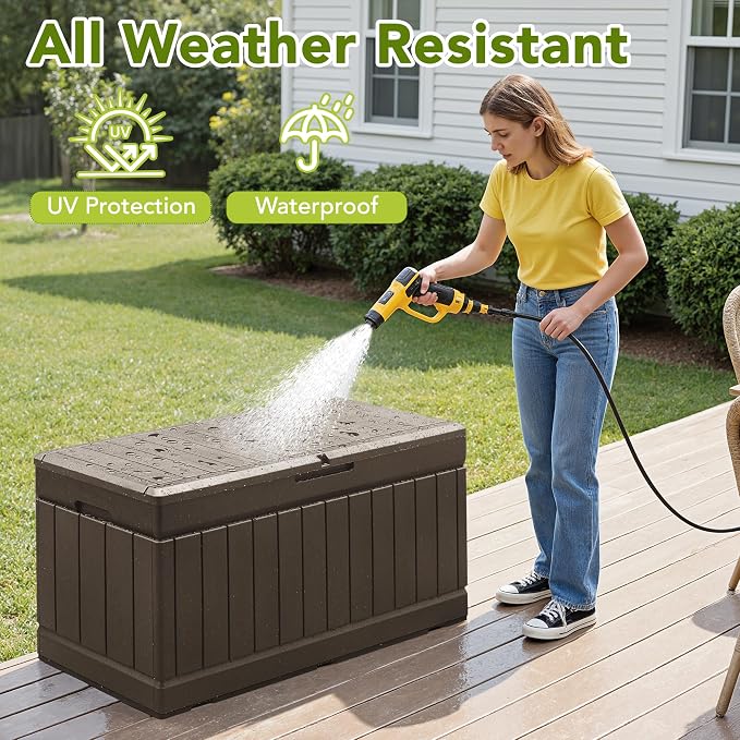 Devoko 78 Gallon Deck Box, Waterproof Resin Outdoor Storage Box for Outside and Patio, Outdoor Storage Bench Lockable for Patio Furniture, Garden Tools and Pool Supplies (Brown, 78 Gallon)