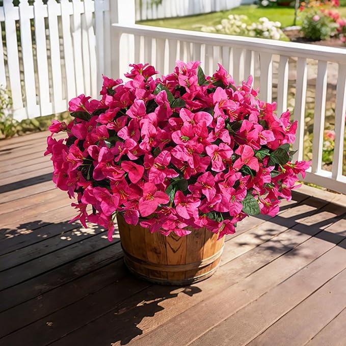 INSPRING Faux Bougainvillea Artificial Flowers for Outdoors Summer Outside Decor, 4 Bundles UV Resistant Realistic Fake Plants Silk Flowers for Porch Patio Window Outdoor Planter Garden Home, Hotpink