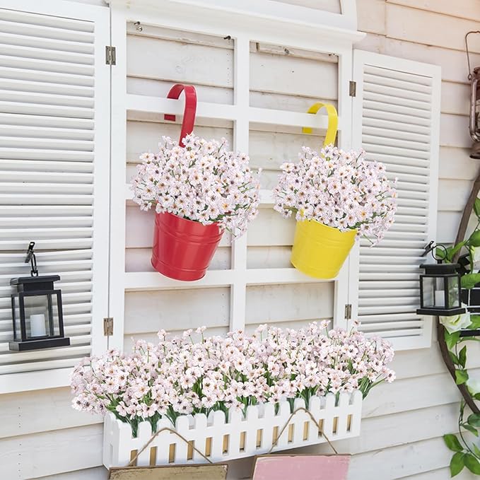 Bassion 24 Bundles Artificial Flowers for Outdoors Decoration, UV Resistant White Silk Fake Faux Flowers Artificial Plants for Outside Window Box Porch Garden Home Decor