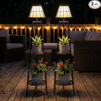 2 Pack Solar Floor Lamps Outdoor with 2-Tier Plant Stand, Metal Tall Planter Holder with Waterproof LED Lantern, Decorative Patio Light & Flower Pot Display Rack for Garden, Deck, Porch, Balcony