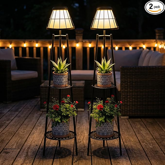 2 Pack Solar Lights with Plant Stands, 45.4'' Waterproof Outdoor Metal Solar Floor Lamps for Patio Deck Yard Pathway Porch Garden