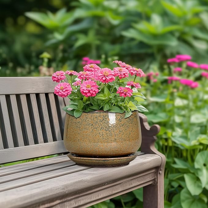 G EPGardening 7 Inch Ceramic Pots for Plants - Ceramic Planters for Indoor Outdoor Plants, Round Plant Pots with Drainage and Saucer, Modern Planter, House Decor, Plant Lover Gifts, Speckled Brown